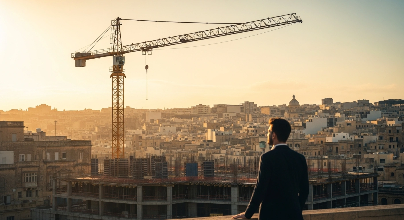 A young professional stands in a Maltese city looking at a construction crane as part of a political proposal for urban development and economic tax reform.