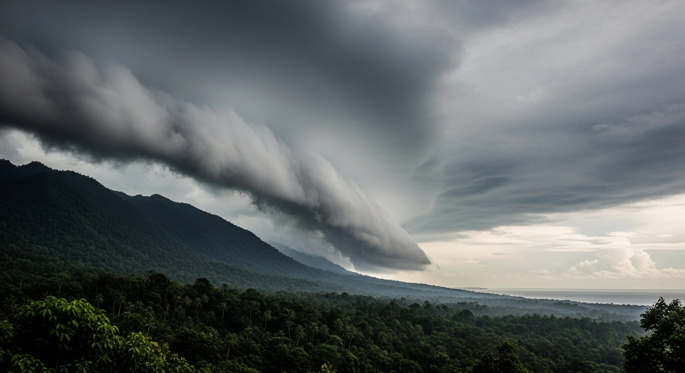 A dramatic storm front with heavy rainfall approaches the mountainous coastline of the Maluku region in Indonesia, signaling a potential risk of flooding and landslides.