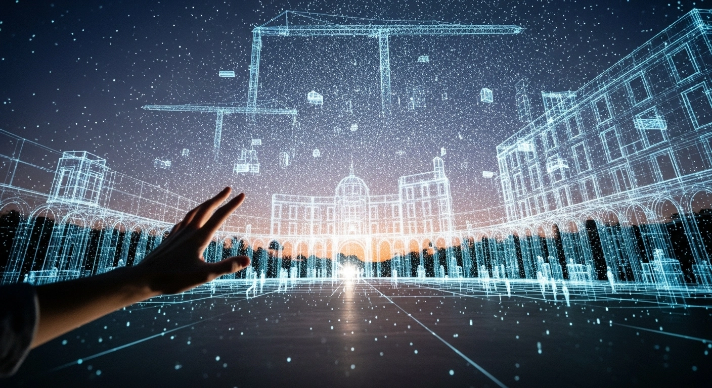 A holographic projection of a civic forum, representing Latvia's digital democracy platform ManaBalss.lv, is dimming and fragmenting into light particles, with a translucent hand reaching out to it, symbolizing its uncertain future due to declining public donations and the diminishing influence of citizens on legislative processes.