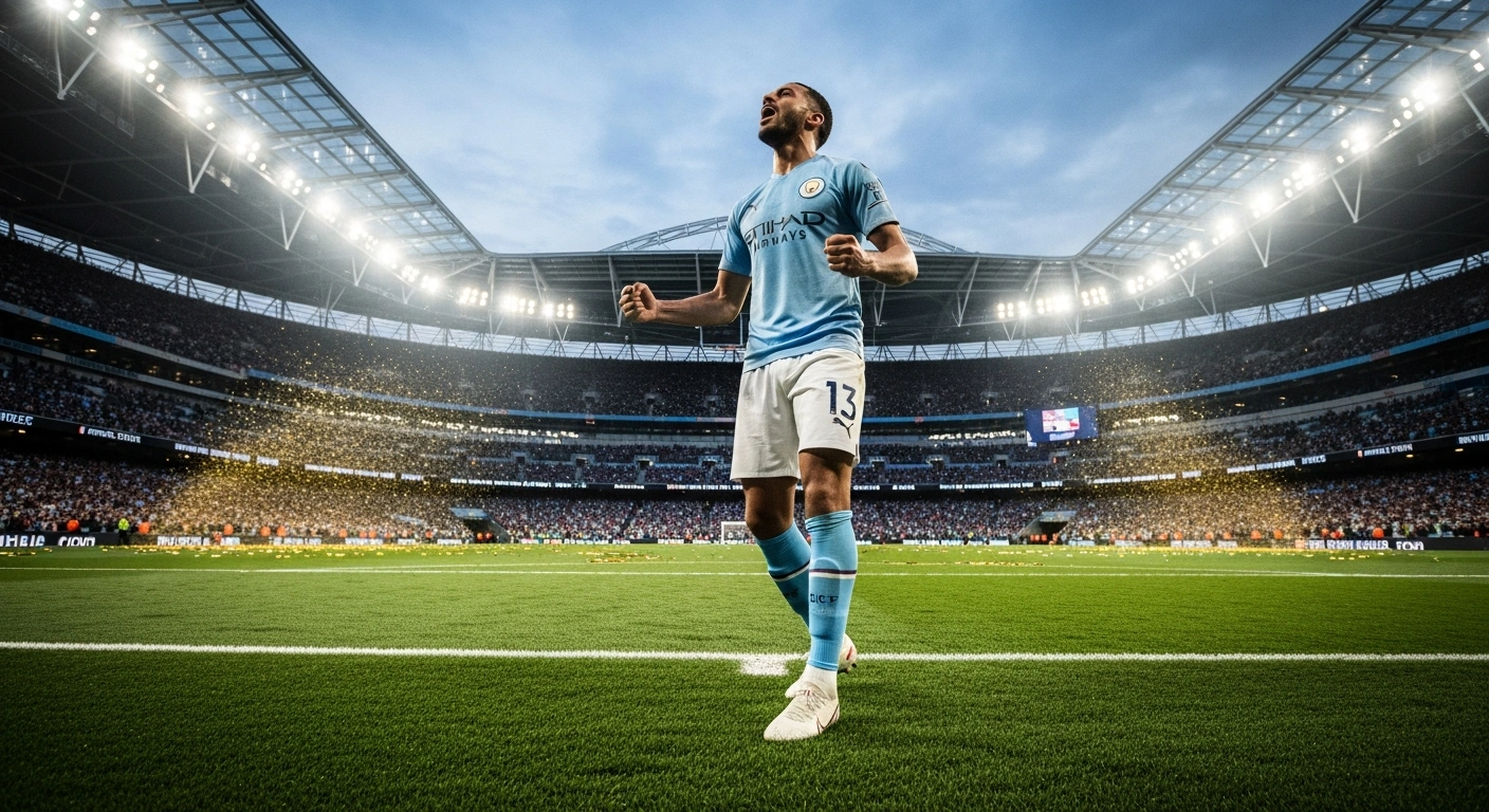 A Manchester City player celebrates a victory on the field at Wembley Stadium after defeating Chelsea in the FA Cup final.