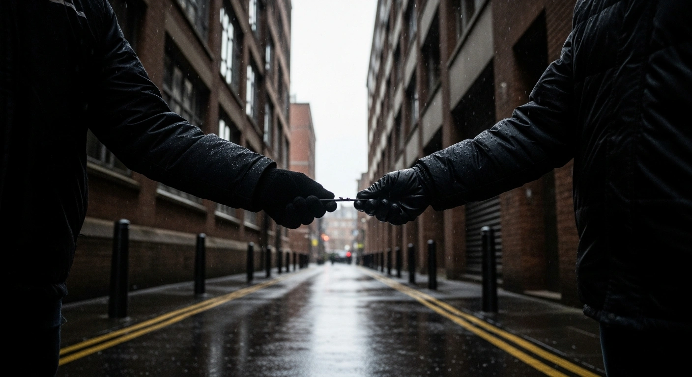 A dimly lit, rain-slicked urban alleyway in Greater Manchester depicts a clandestine exchange between two figures, representing the Islamic State-inspired plot by Walid Saadaoui and Amar Hussein to carry out a firearms attack on the Jewish community, which was ultimately thwarted by an undercover operative.