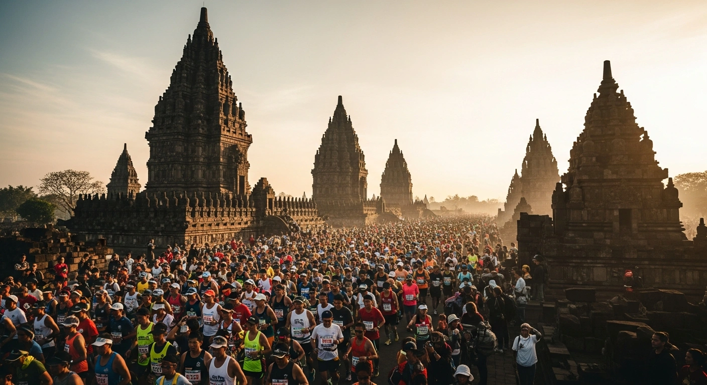 Thousands of runners participate in the Mandiri Jogja Marathon 2026 with the historic Prambanan Temple in the background.