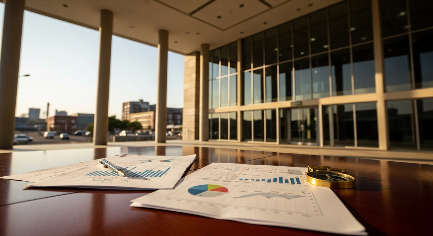 A professional office setting symbolizes the Mangaung Metropolitan Municipality's financial recovery board working to restore fiscal stability and governance in South Africa.