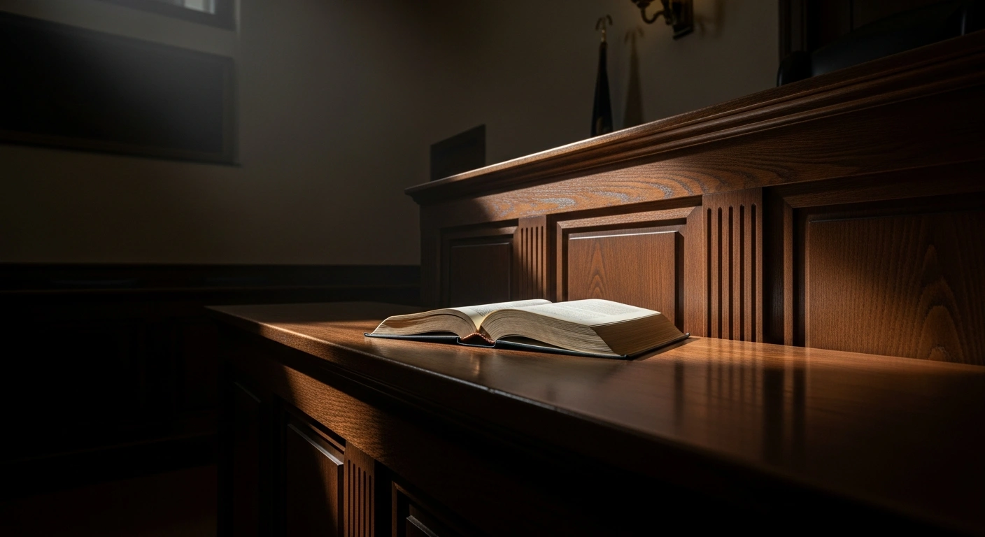 A solemn federal courtroom scene shows a heavy law book resting on a dark wooden judge's bench, representing the legal decision by a federal judge to deny the death penalty for Luigi Mangione, accused in the murder of UnitedHealthcare CEO Brian Thompson.