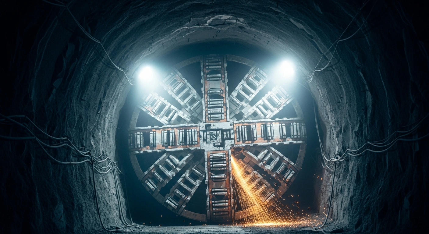 A large tunnel boring machine operates inside the Mangshan Tunnel during the construction of the Jiaozuo-Pingdingshan High-speed Railway.