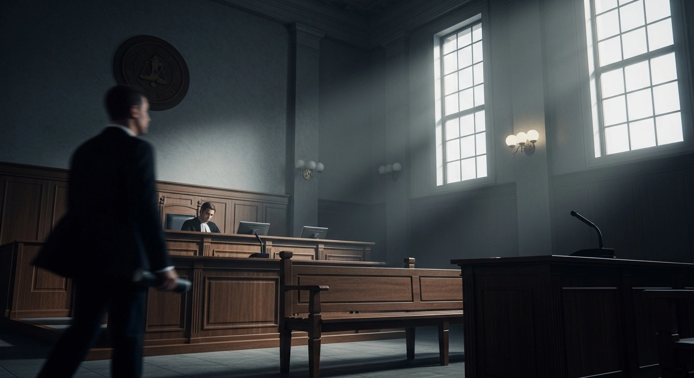 A courtroom scene representing the sentencing of a U.S. citizen for human smuggling and fraud by a Manitoba court.