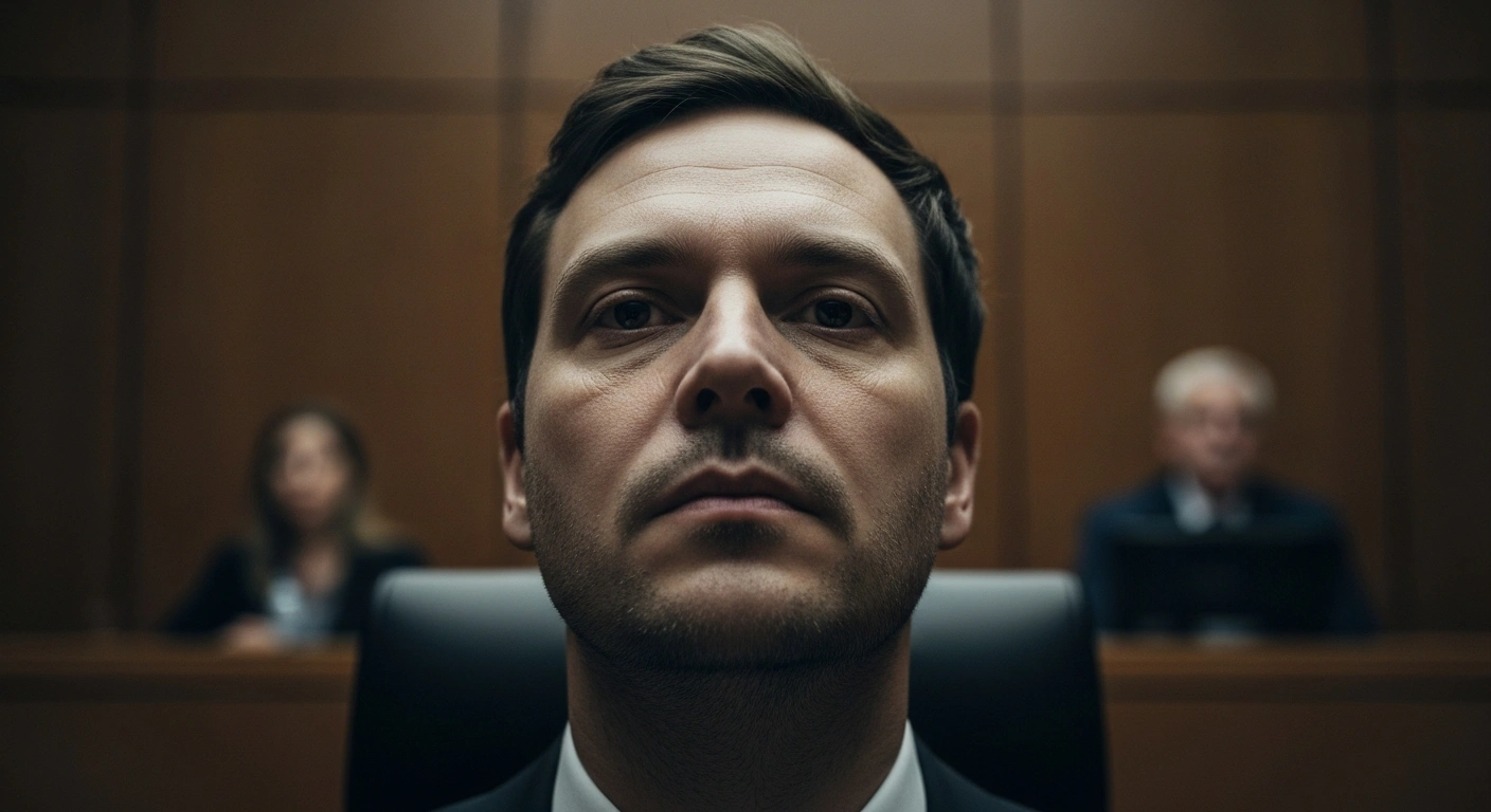 A close-up, low-angle shot of a man's face in a stark courtroom, depicting the somber atmosphere of the trial for Alexander S., accused of a fatal car rampage in Mannheim, Germany.