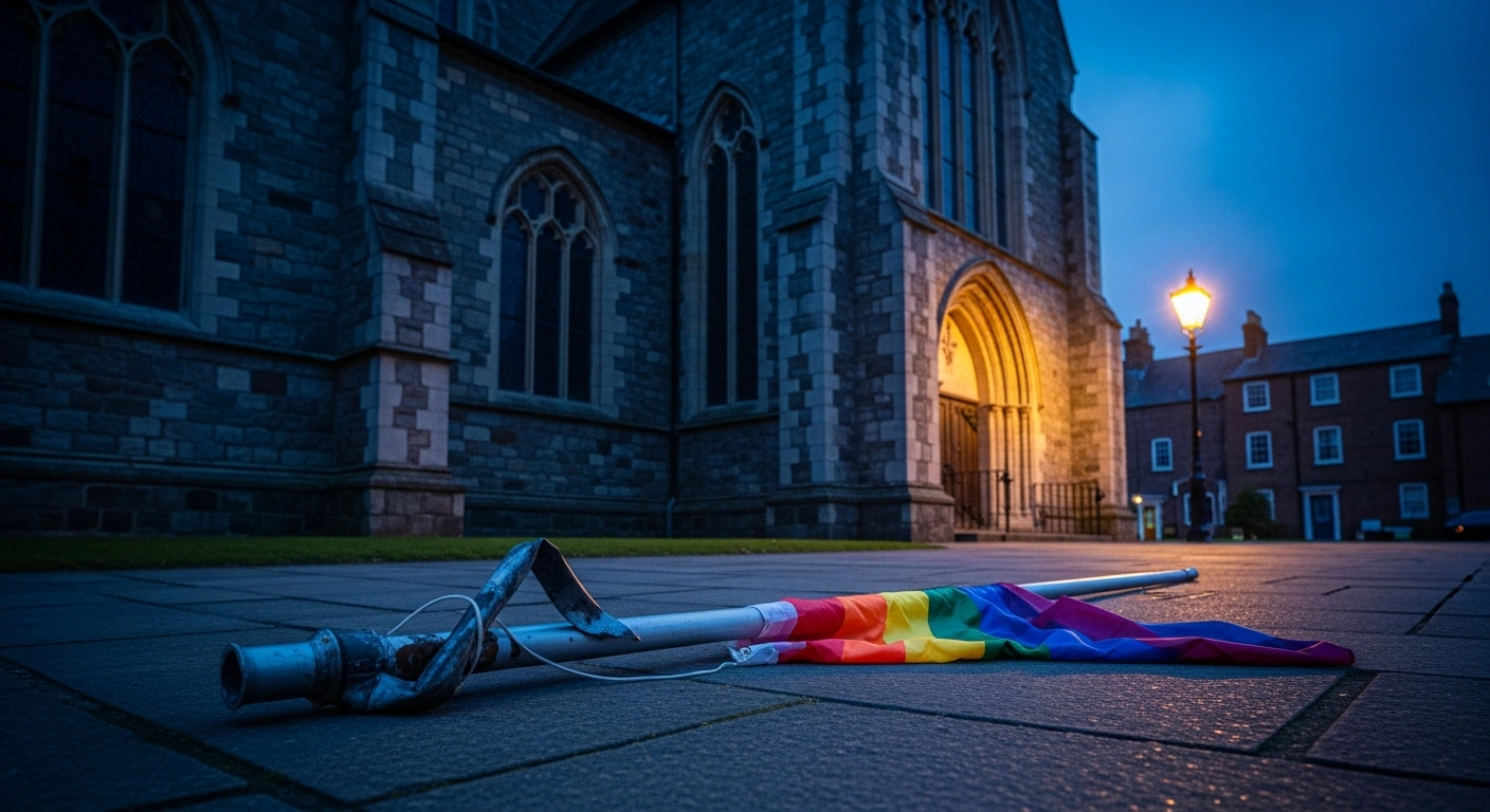 A broken flagpole and a damaged Pride flag lie on the ground outside a Catholic church in Mannheim, Germany, following an act of vandalism.