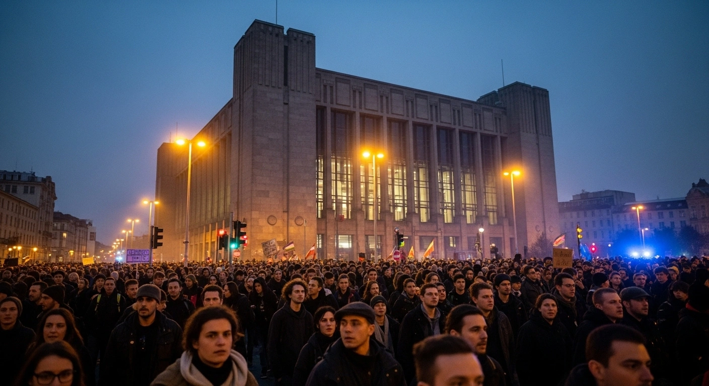 A low-angle, wide shot shows a determined crowd of protestors at dusk in Mannheim, illuminated by streetlights and distant police lights, demonstrating against Chancellor Friedrich Merz's remarks linking urban issues to migration, with a large railway station looming in the background, reflecting the Police Union's call for expanded powers for officers at such stations to improve the cityscape and address safety concerns.