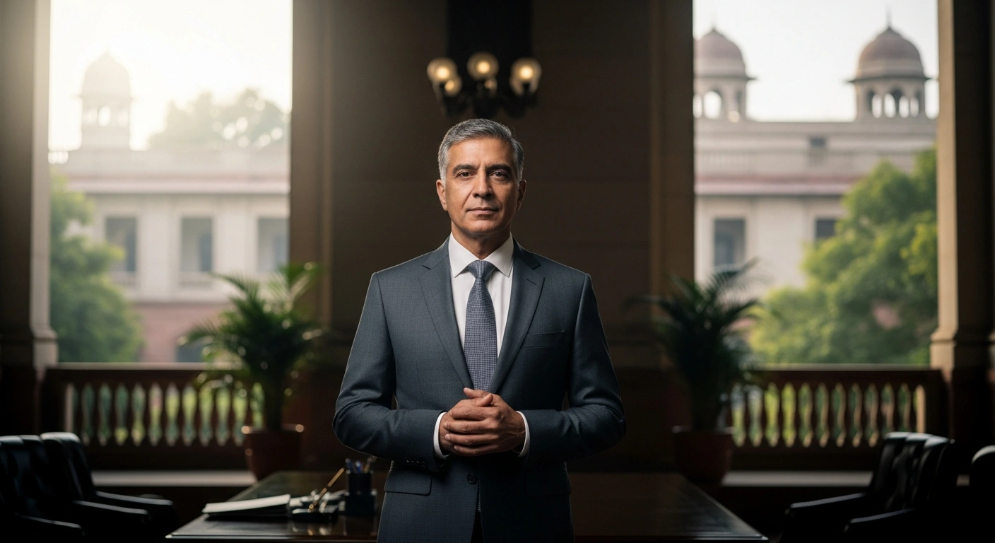 Senior IAS officer Manoj Kumar Dwivedi stands in a professional government office after his appointment as the chairperson of the New Delhi Municipal Council.