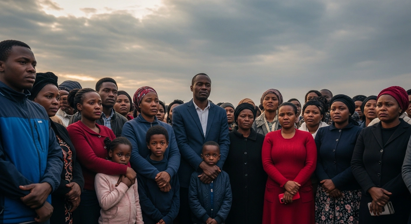 A somber community gathers under an overcast sky, their faces reflecting grief and determination, as they mourn the death of five-year-old Manqoba Mnisi and demand an investigation into his passing at a Johannesburg primary school.