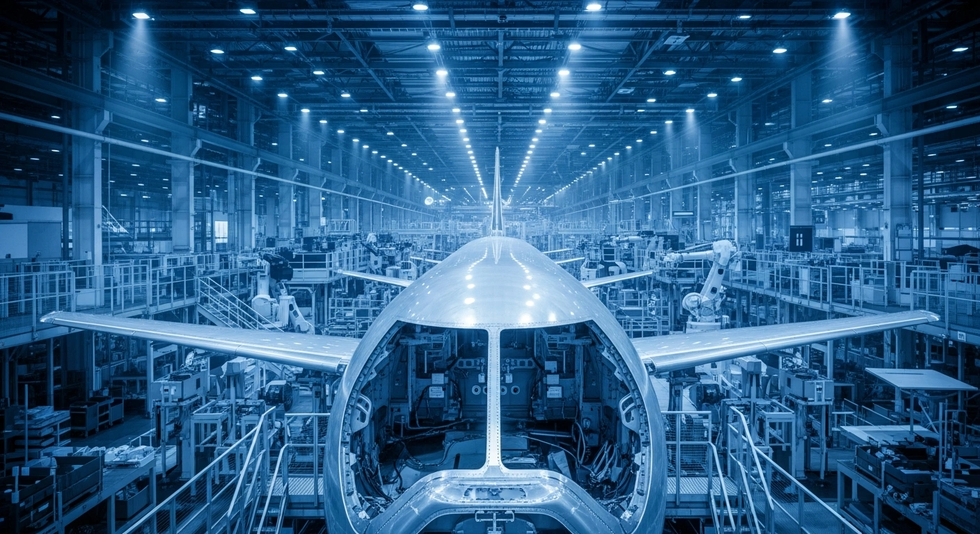 A modern aircraft manufacturing facility shows a partially assembled fuselage on a production floor, representing the surge in durable goods orders.