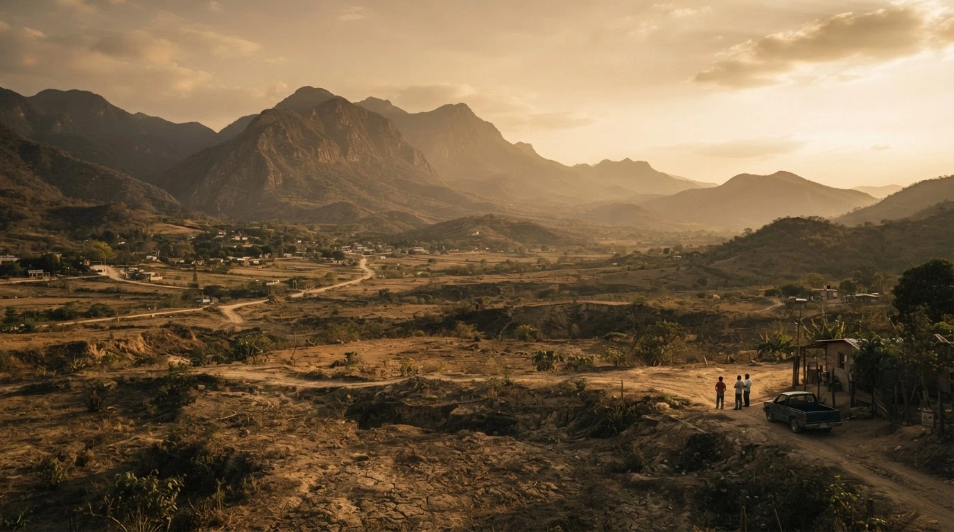 A landscape view of the rural terrain near Mapastepec, Chiapas, following a magnitude 3.6 earthquake in southern Mexico.