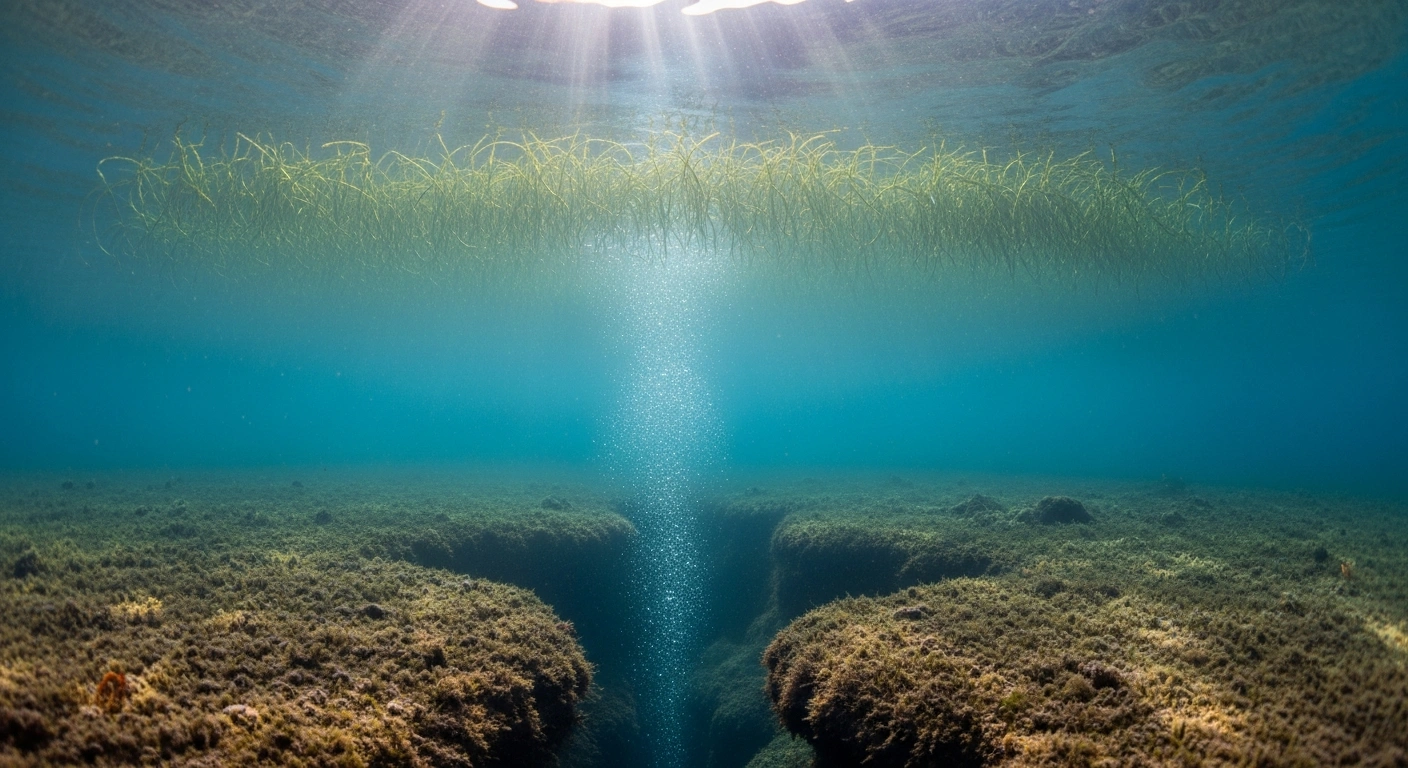 An underwater scene in Spain's Mar Menor lagoon depicts a subtle, shimmering plume of mercury emanating from a dark fissure in the seabed, representing a previously unknown underground river, with delicate seagrass above illuminated by a shaft of sunlight, highlighting the vulnerable ecosystem.