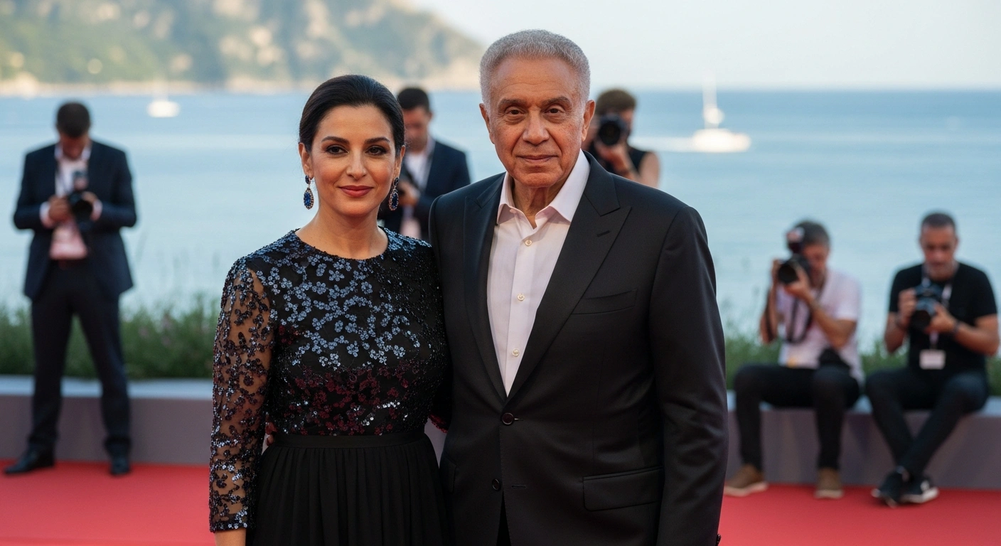 Egyptologist Zahi Hawass and actress Laila Eloui stand together on the red carpet at the Marateale 2026 International Film Festival in Italy.