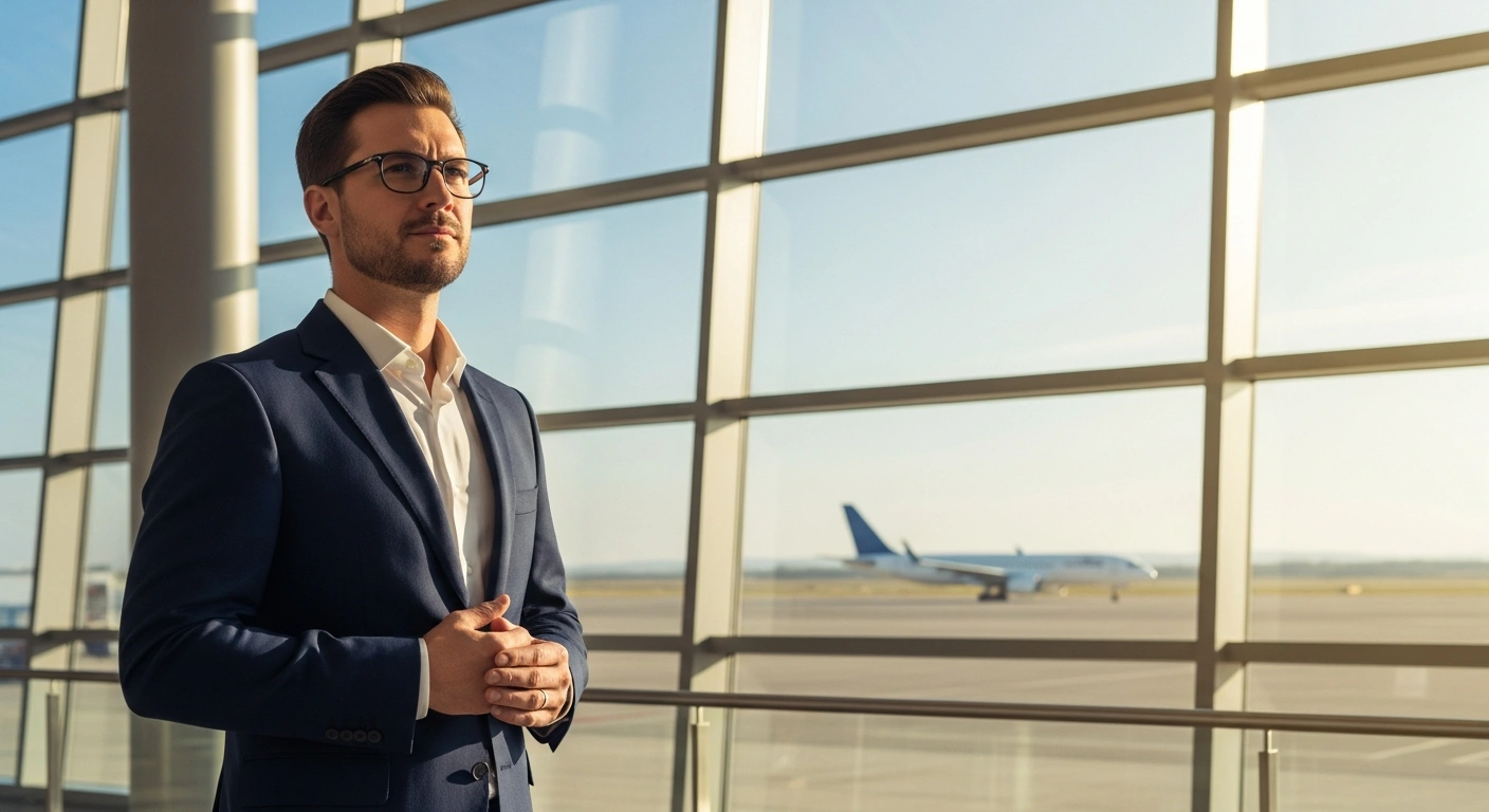 Marco Sylvester, the new Senior Vice President of International Affairs for Airlines for America, stands in a modern airport terminal with a jetliner visible in the background.