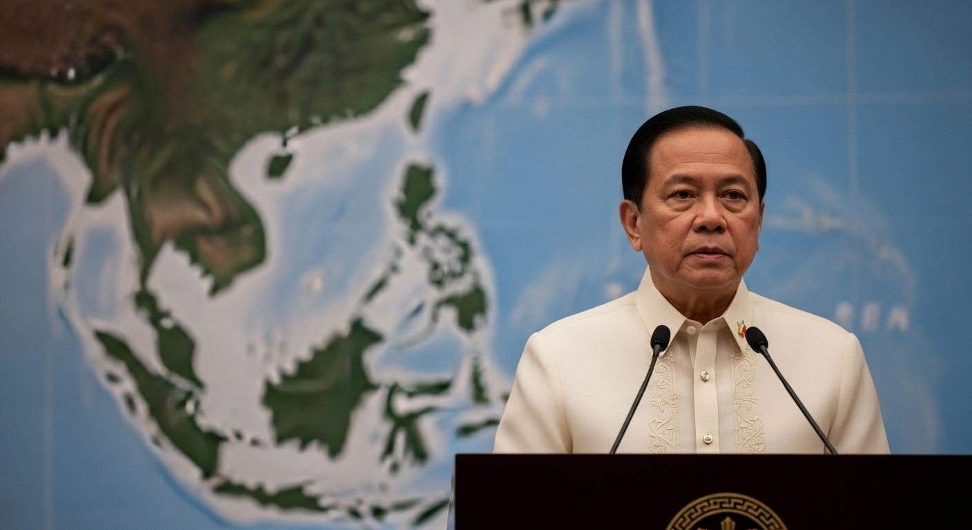 Philippine President Ferdinand Marcos Jr. stands at a podium, delivering a speech condemning China's dangerous maneuvers and coercive actions in the South China Sea during the ASEAN Summit.