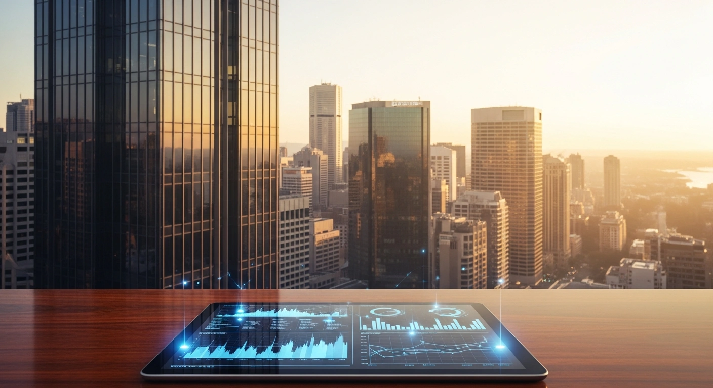 A modern office desk with a digital tablet showing financial data overlooking the Sydney skyline, representing Marex expanding its investment services into the Australian market.