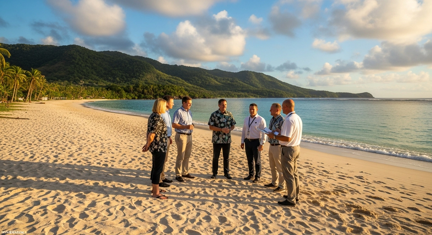 Travel industry partners and Marianas Visitors Authority officials meet on a beach in the Northern Mariana Islands to discuss tourism recovery strategies after a typhoon.