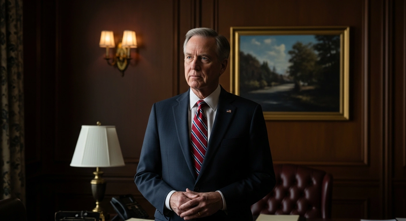 A professional portrait of a man resembling former Spanish Prime Minister Mariano Rajoy in a dimly lit office, representing the investigation into unfounded allegations.