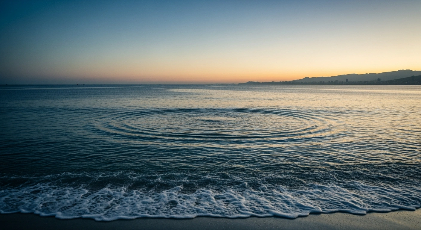 A calm view of the Atlantic Ocean off the coast of Maricá, Rio de Janeiro, where recent seismic tremors were recorded by seismologists.
