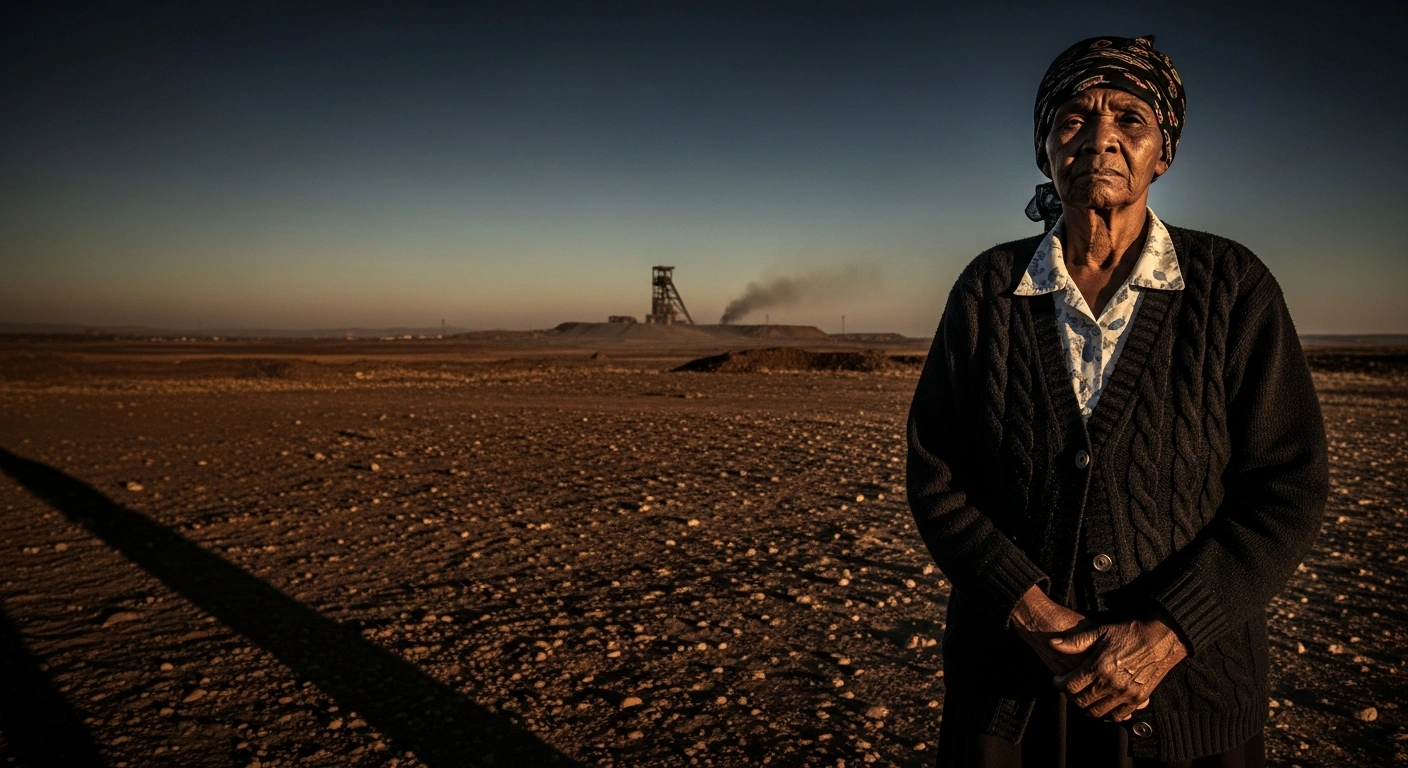 An elderly woman stands in the dusty landscape of Marikana, South Africa, reflecting on the ongoing search for justice for the victims of the 2012 mineworker massacre.