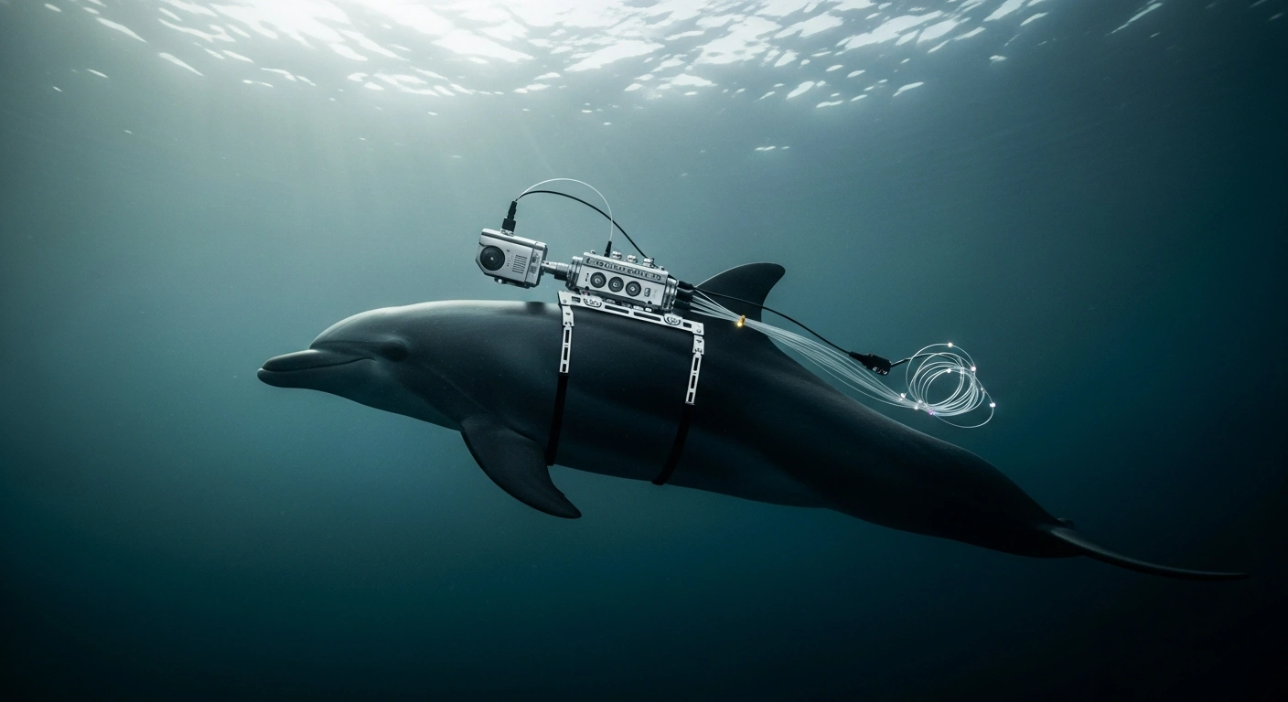 A dolphin equipped with a high-tech surveillance sensor swims through coastal waters as part of an alleged foreign intelligence operation.