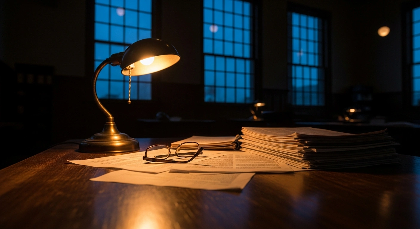 A dimly lit newsroom desk with scattered documents represents the legal settlement reached by reporter Deb Gruver following the police raid on the Marion County Record.