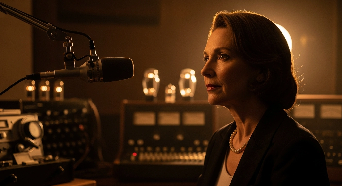A portrait of Argentine radio announcer and voice-over artist Marita Monteleone in a professional recording studio.