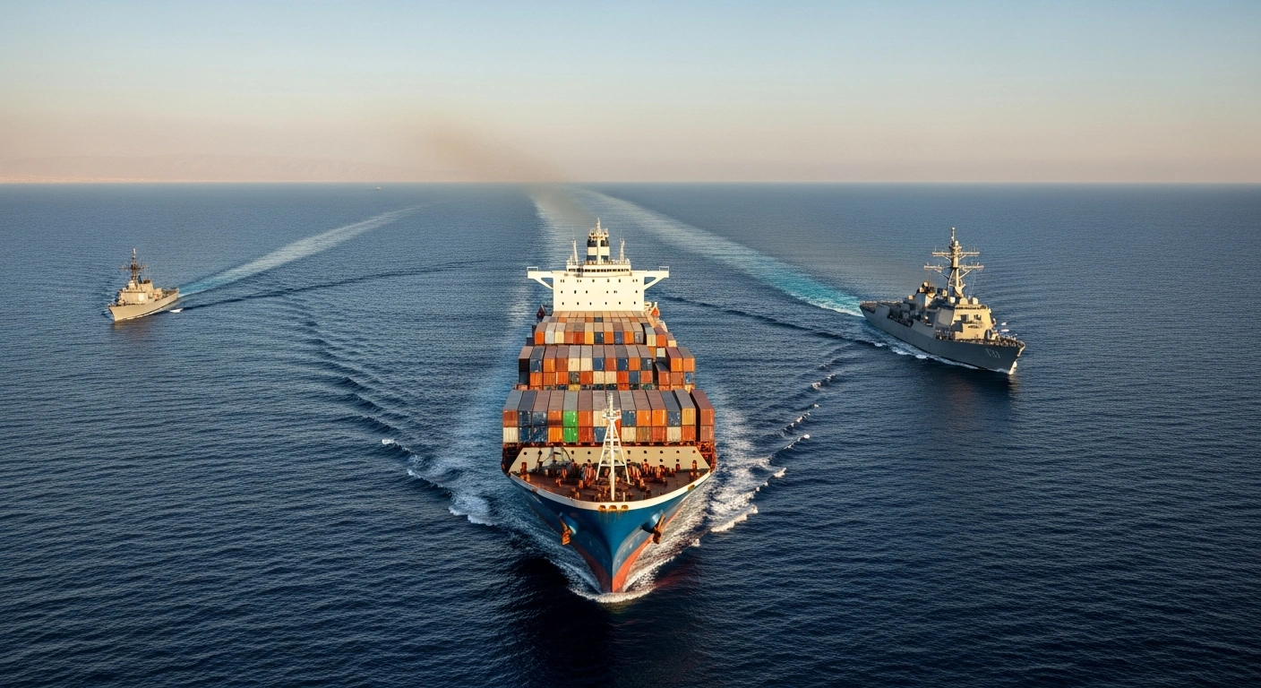 A U.S. Navy destroyer patrols alongside a large commercial container ship in the Red Sea to ensure maritime security and freedom of navigation.