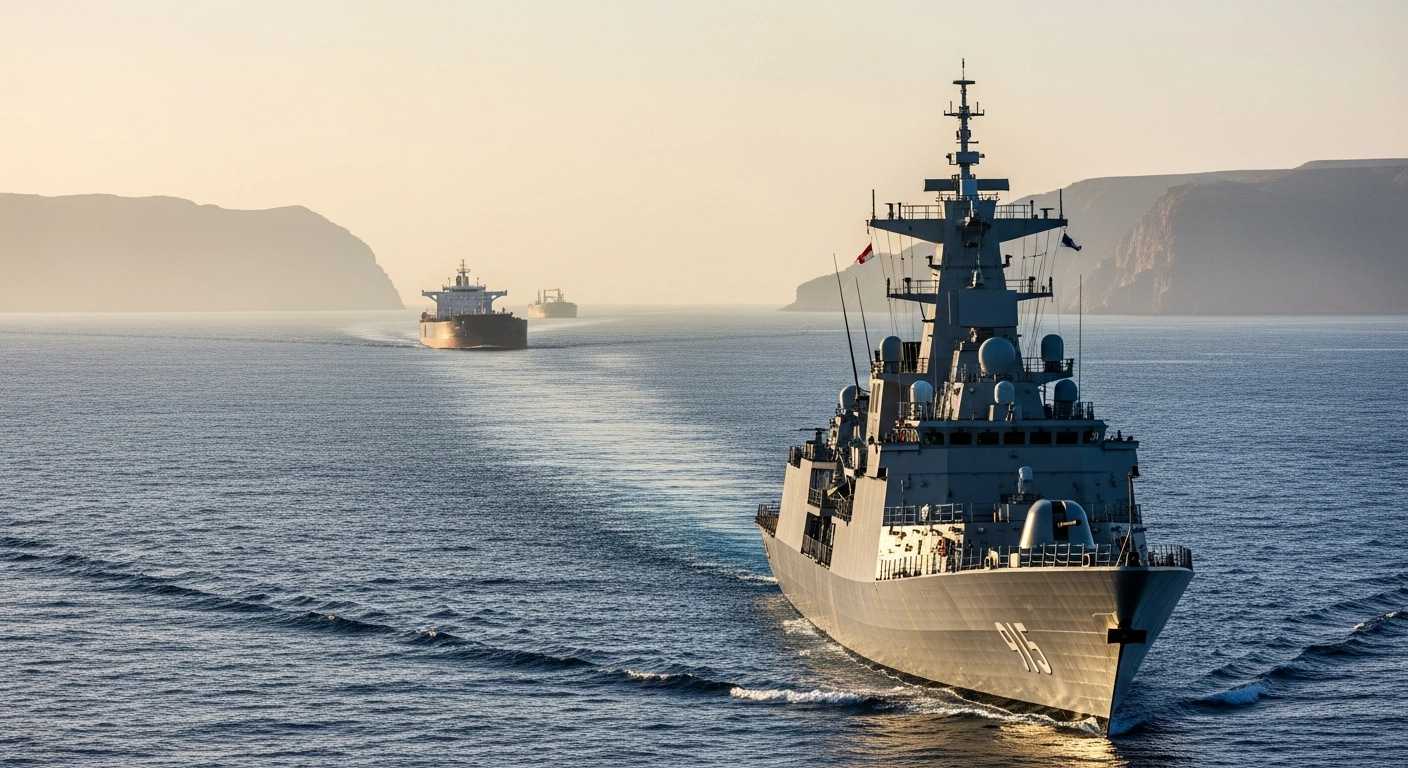 A naval frigate patrols the Strait of Hormuz to ensure the safe passage of an oil tanker as part of a maritime security initiative between the United Kingdom, France, and Oman.