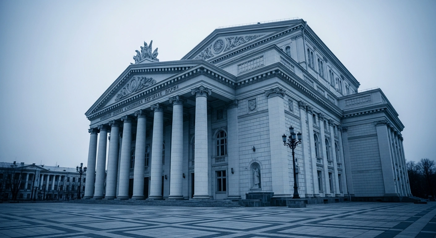 The newly reconstructed facade of the Donetsk Academic Regional Drama Theater in Russian-occupied Mariupol, which was destroyed by a Russian airstrike in March 2022 and reopened by Russian authorities, is illuminated by cold blue light under an overcast sky.