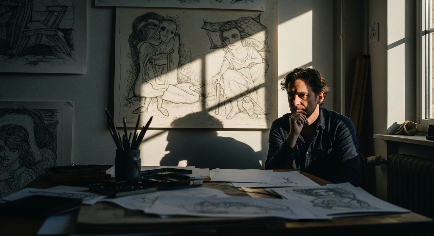 A portrait of the acclaimed author and cartoonist Marjane Satrapi working in her studio, surrounded by the artistic influence of her graphic novel Persepolis.