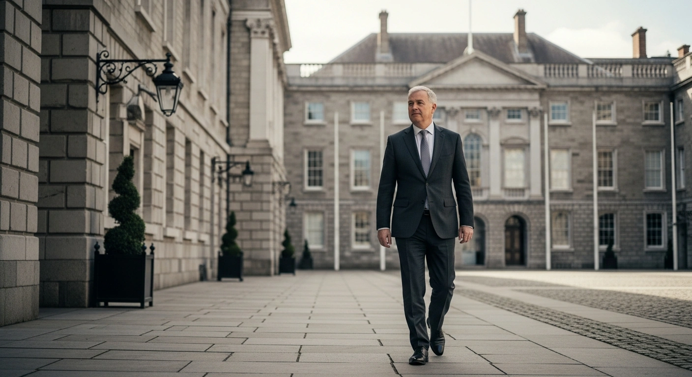Canadian Prime Minister Mark Carney walks through a historic government courtyard in Dublin during his diplomatic visit to Ireland.