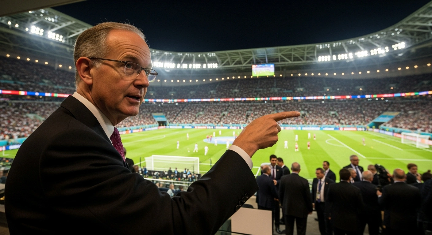 Canadian Prime Minister Mark Carney stands in a stadium suite with international leaders while watching the FIFA World Cup final in New Jersey.