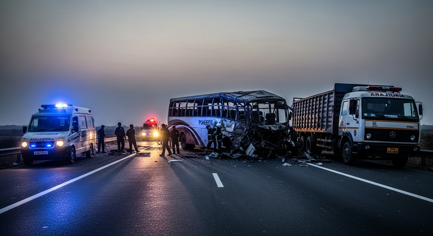 Emergency responders conduct rescue operations at the site of a fatal collision between a private bus and a truck in Markapuram, Andhra Pradesh.