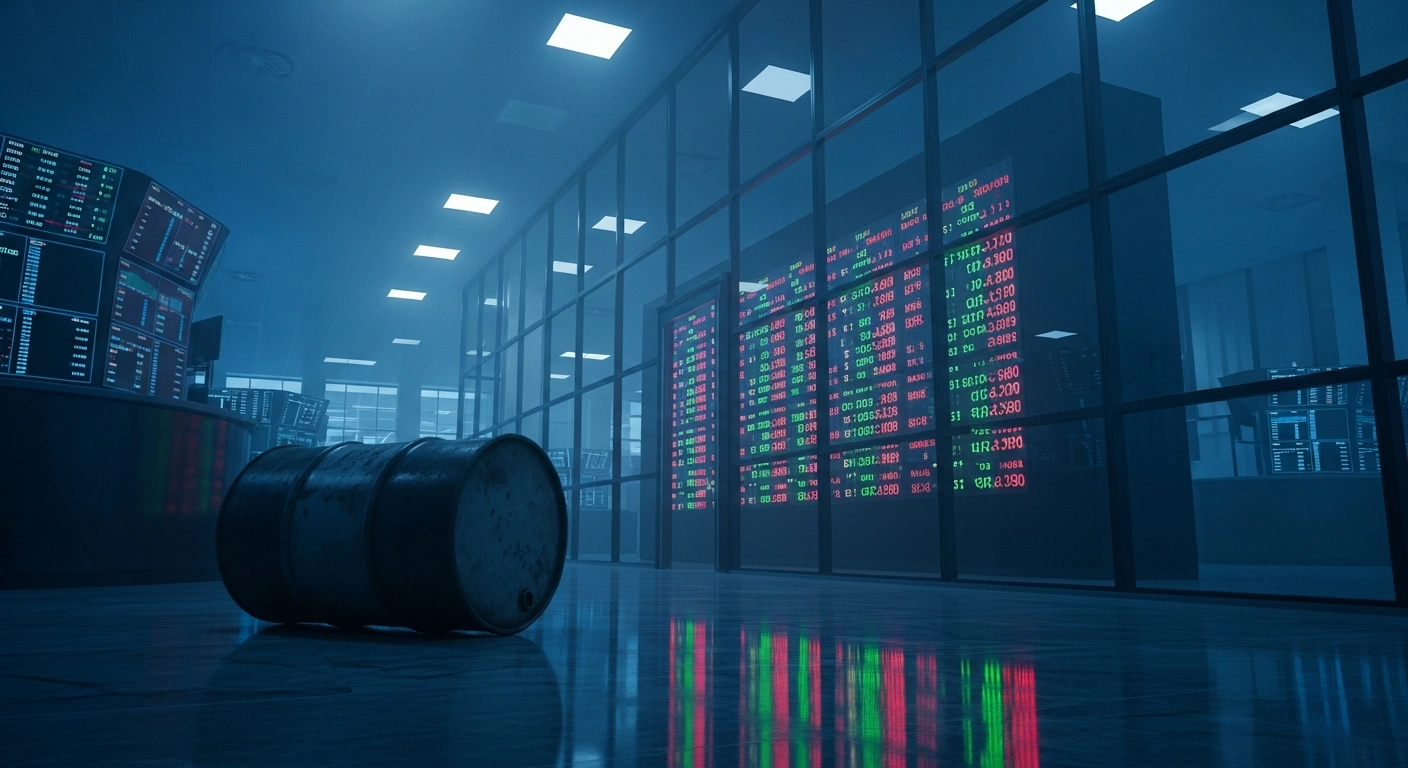 A dimly lit trading floor reflects the uncertainty of the stock market amid rising oil prices and geopolitical tensions in the Middle East.
