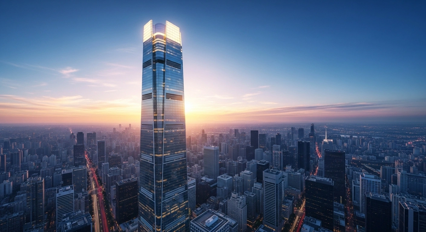 A futuristic glass skyscraper, bathed in golden dawn light and soaring above a bustling metropolis, visually represents the S&P 500 and Nasdaq Composite indices repeatedly reaching new all-time record highs in early to mid-2024, driven by robust economic data, strong corporate earnings, and artificial intelligence, reflecting significant market optimism and investor confidence in the United States economy.