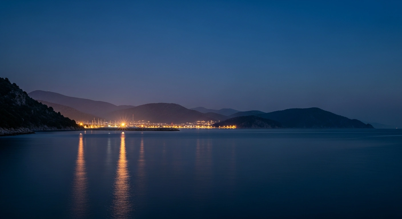 A calm night view of the Aegean coastline near Marmaris, Turkey, following a reported magnitude 3.2 earthquake.