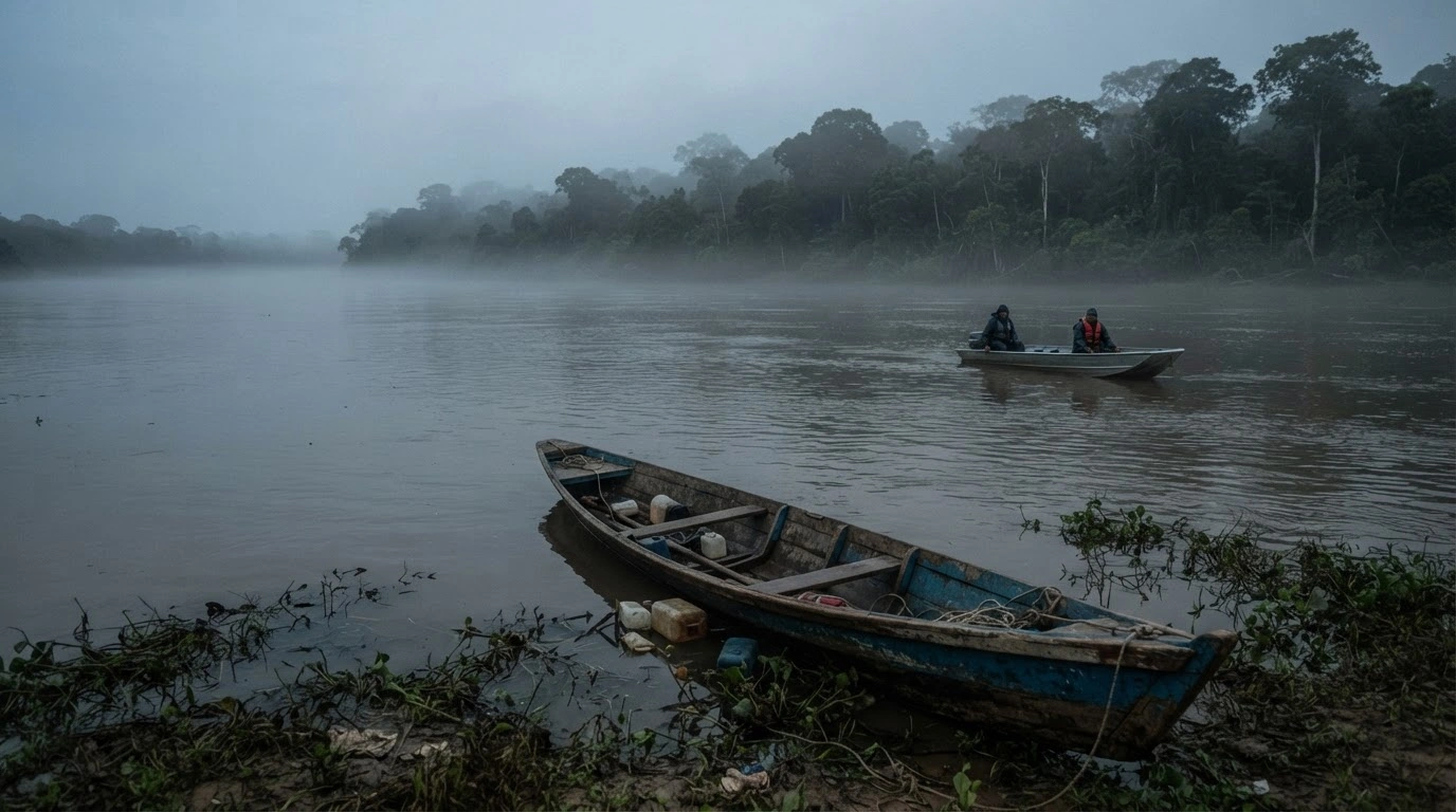 A capsized wooden pirogue rests on the banks of the Maroni River in French Guiana following a tragic accident that required a search and rescue operation.