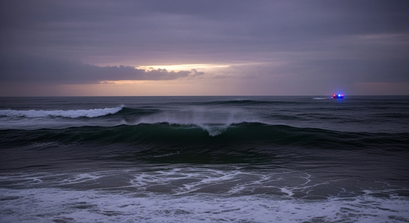 A wide, low-angle shot shows turbulent, foam-flecked ocean waves at Maroubra Beach at pre-dawn, with a bruised sky and distant emergency lights, depicting hazardous surf conditions where a woman was swept into the ocean on New Year's Day in Sydney, Australia.