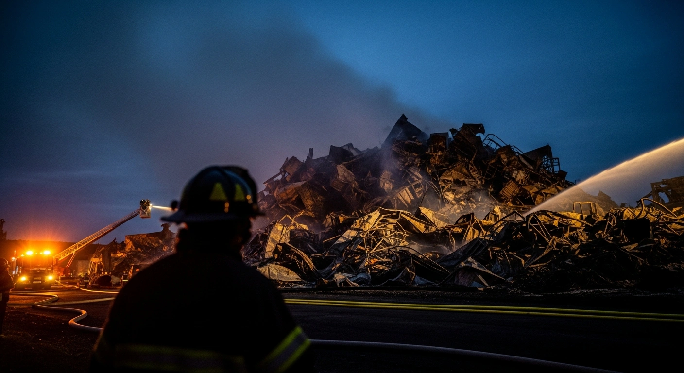 A low-angle, pre-dawn shot captures the aftermath of a large scrapyard fire in Marsa, Malta, showing a smoldering mountain of twisted metal and debris illuminated by emergency vehicle floodlights, with a lone firefighter observing the scene after a 24-hour operation.