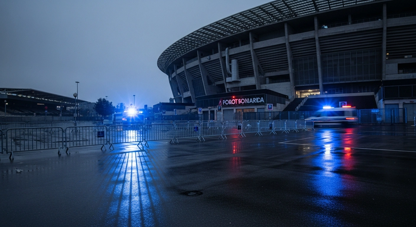 A deserted stadium entrance in Marseille is blocked by police barricades following a government decree prohibiting Lille OSC football supporters from attending the match.