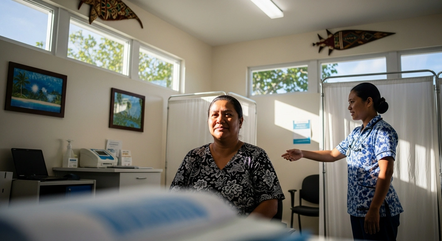 A woman in her 40s, representing the target demographic of 30 to 65, stands in a brightly lit clinic in the Marshall Islands, engaging with a healthcare worker, symbolizing the launch of new HPV Screen and Treat services aimed at reducing cervical cancer rates.