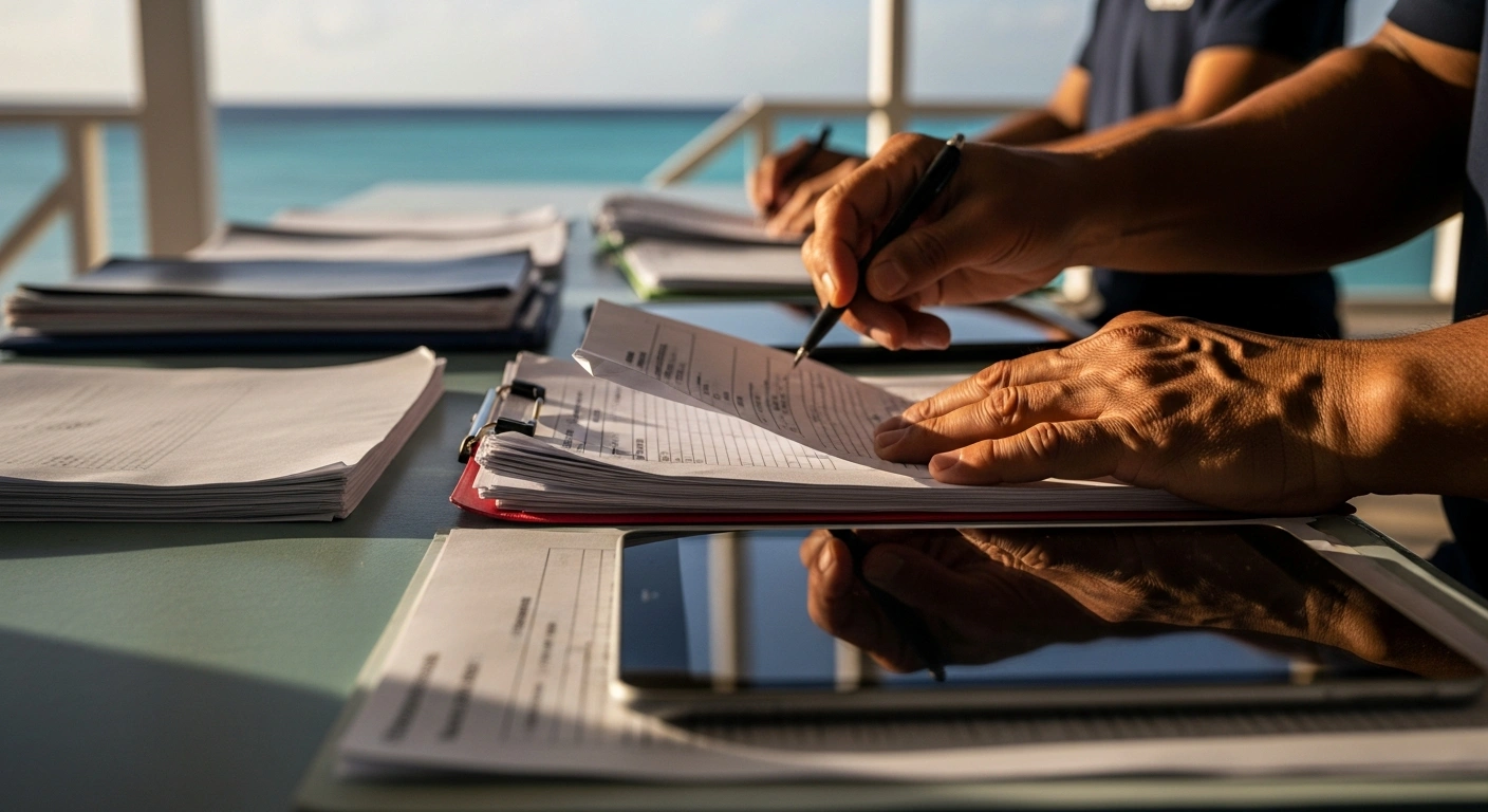 A close-up view captures diligent hands reviewing stacks of application documents and digital tablets within an open-air administrative building in the Marshall Islands, symbolizing the postponement of the Enra universal basic income program to finalize registration and vet beneficiaries for residency.