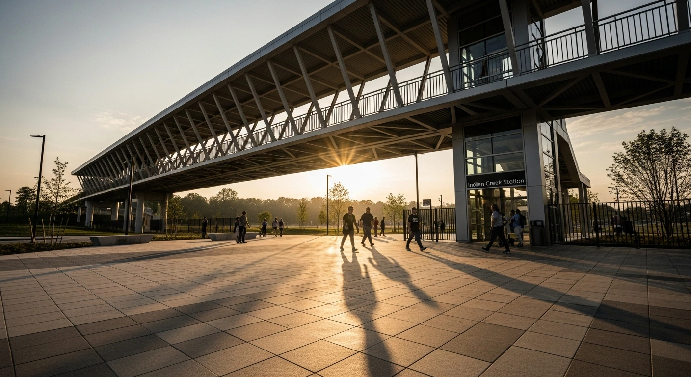 A modern pedestrian bridge and plaza at the MARTA Indian Creek Station provides a safe and accessible connection for transit riders in DeKalb County, Georgia.