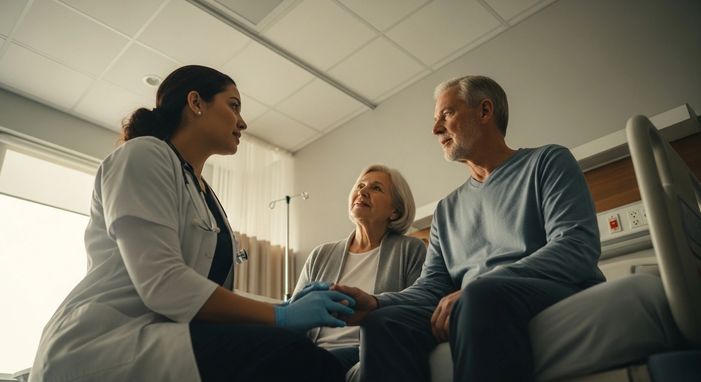 A healthcare professional and a family member engage in a serious discussion inside a hospital room as part of the NHS England patient safety initiative.