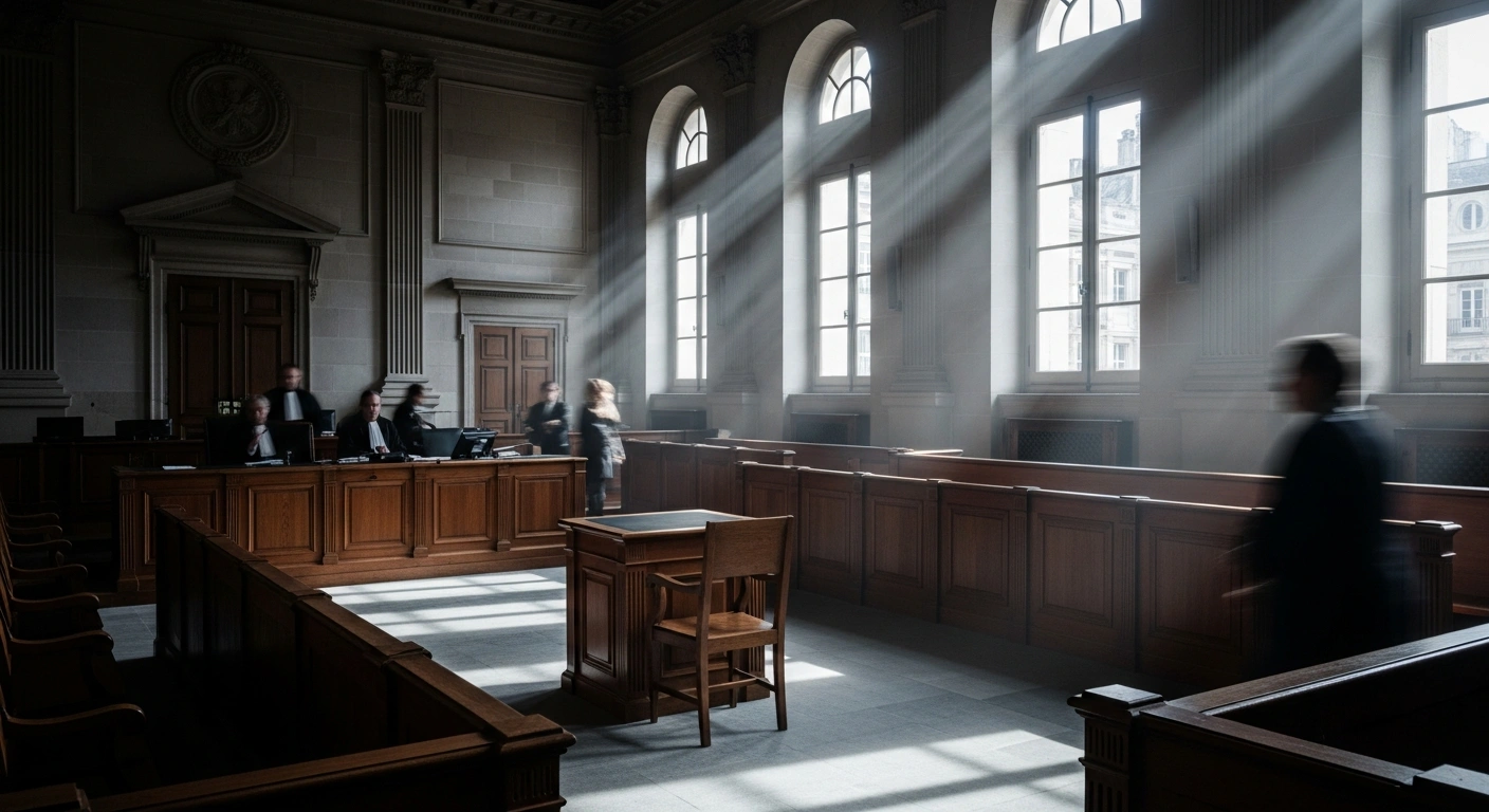 A somber courtroom in France where the trial of serial killer Martin Ney is being held for the murder of Jonathan Coulom.