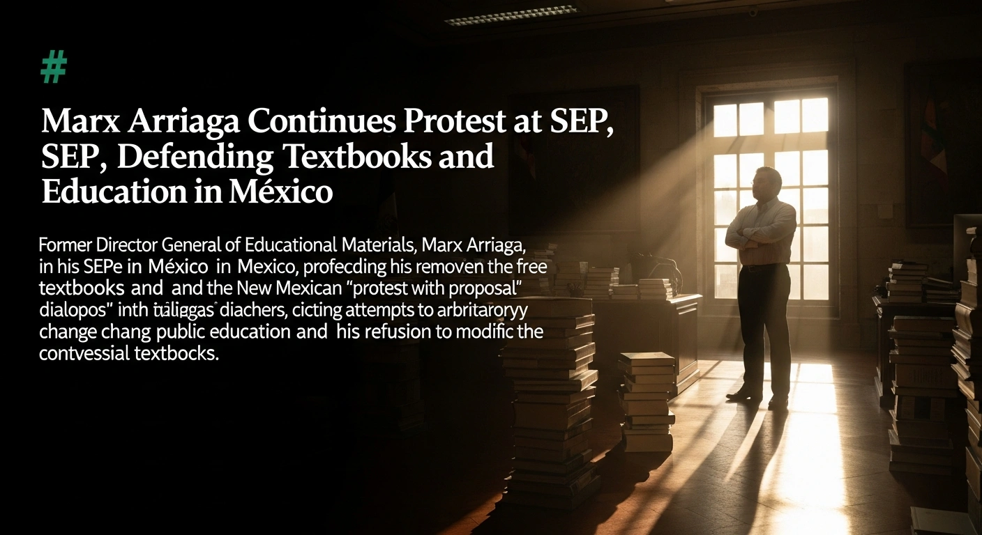 Marx Arriaga, former Director General of Educational Materials, stands defiantly in his SEP office in Mexico City, protesting his removal and defending the free textbooks and the New Mexican School model.