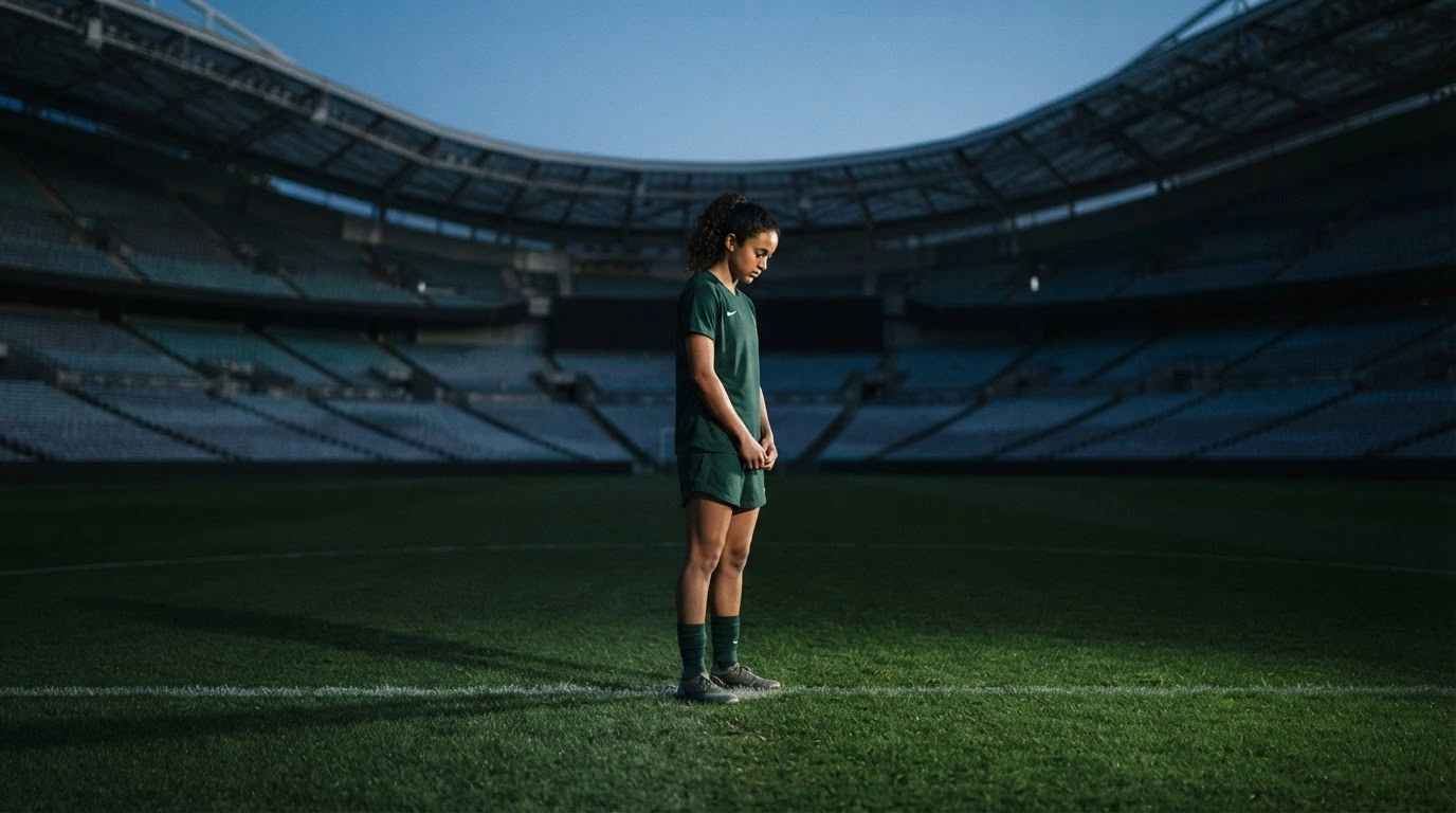 Australian national team forward Mary Fowler stands alone on a soccer pitch during a quiet moment of reflection.